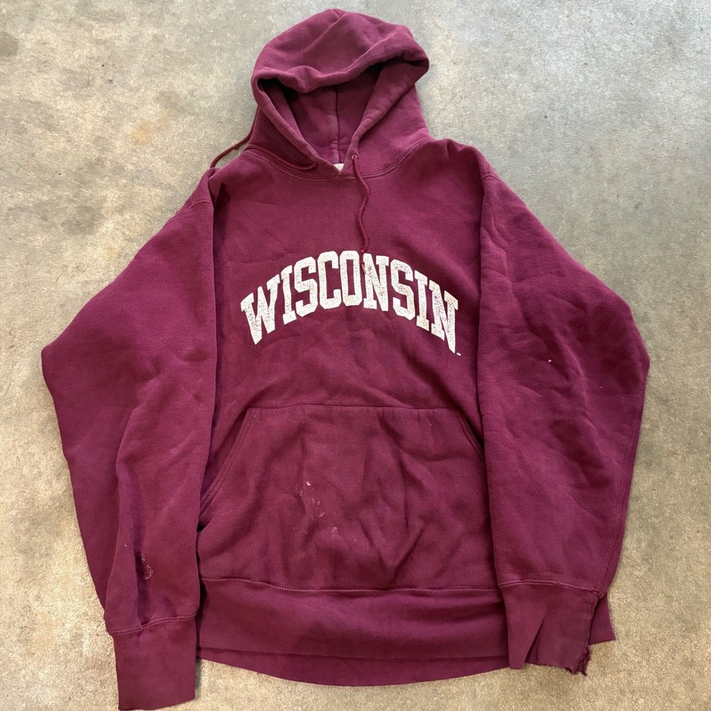 Vintage 90s Distressed Wisconsin Maroon Hoodie Size XL